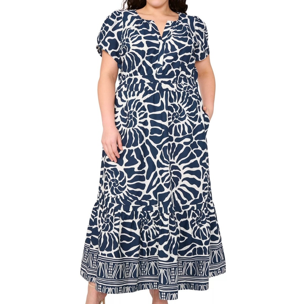 MSK V Neck Printed Maxi Navy White Short Sleeve A Line Dress Womens Size 1X NWT